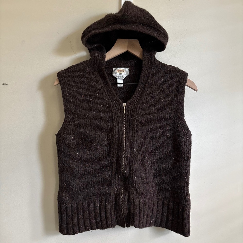 Talbots Brown Wool Blend Hooded Zip Sweater Vest Italy Large Confetti Knit